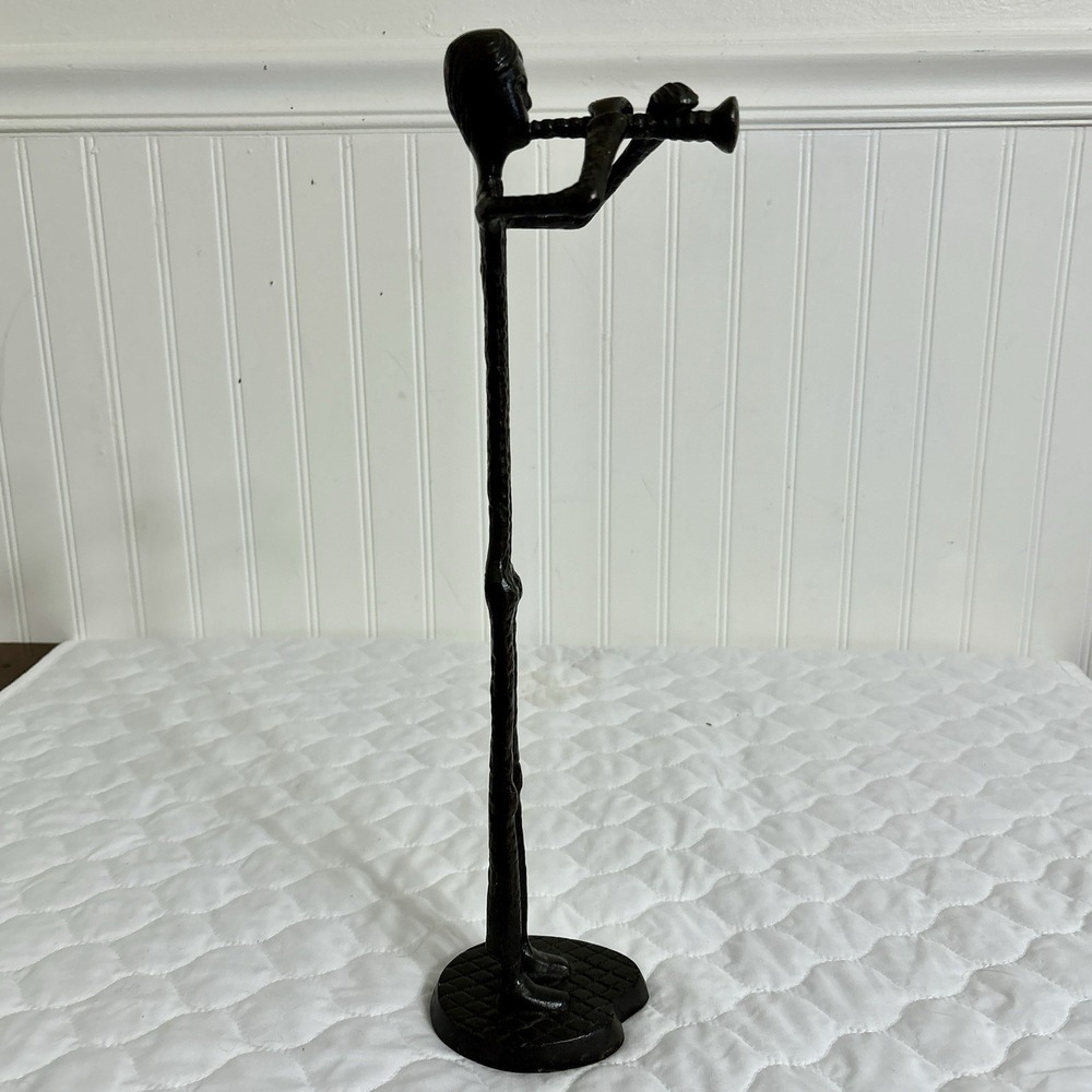 Vtg Brutalist Jazz Musician Horn Play Metal Sculpture 18" Tall Skinny MCM Decor